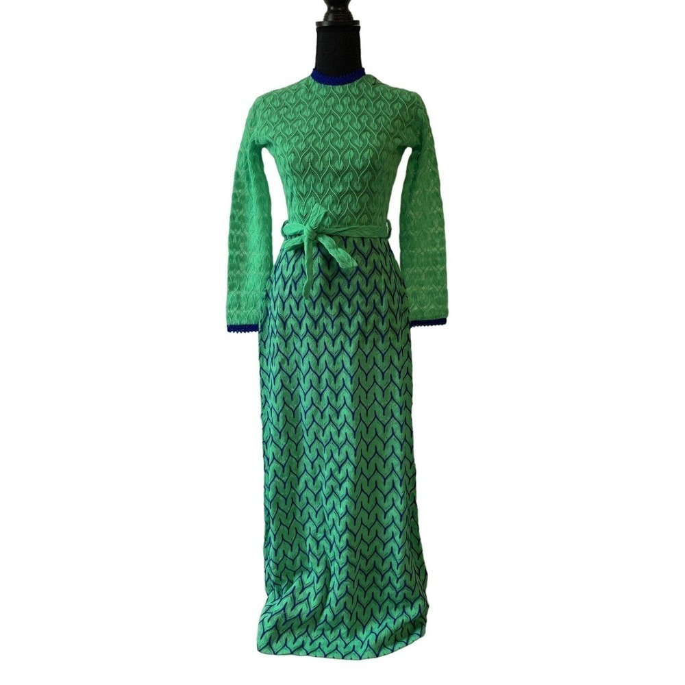 Vtg 70s WENJILLI NWT Lime Green & Blue Knit Maxi Dress - Size 9/10